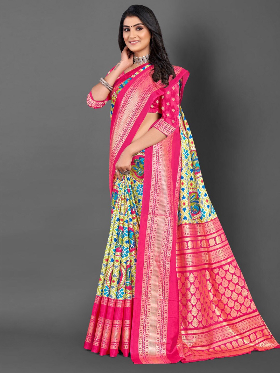 

Mitera Ethnic Motifs Printed Woven Design Zari Sungudi Saree, Green