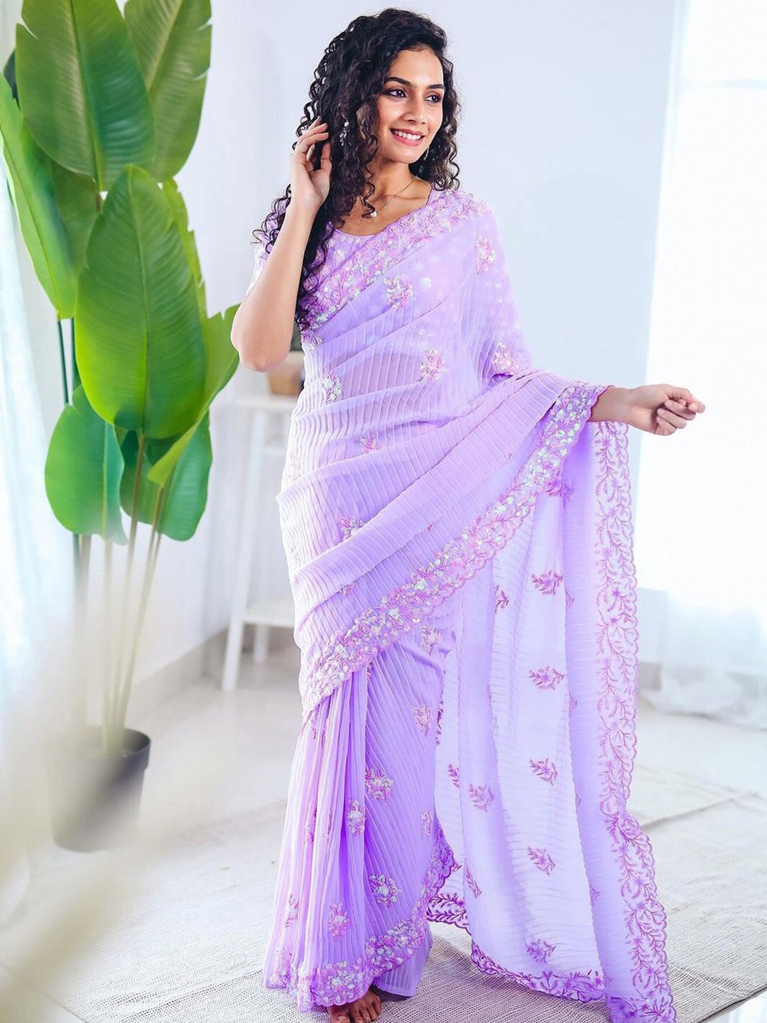 

Anouk Embellished Sequinned Pure Georgette Saree, Lavender