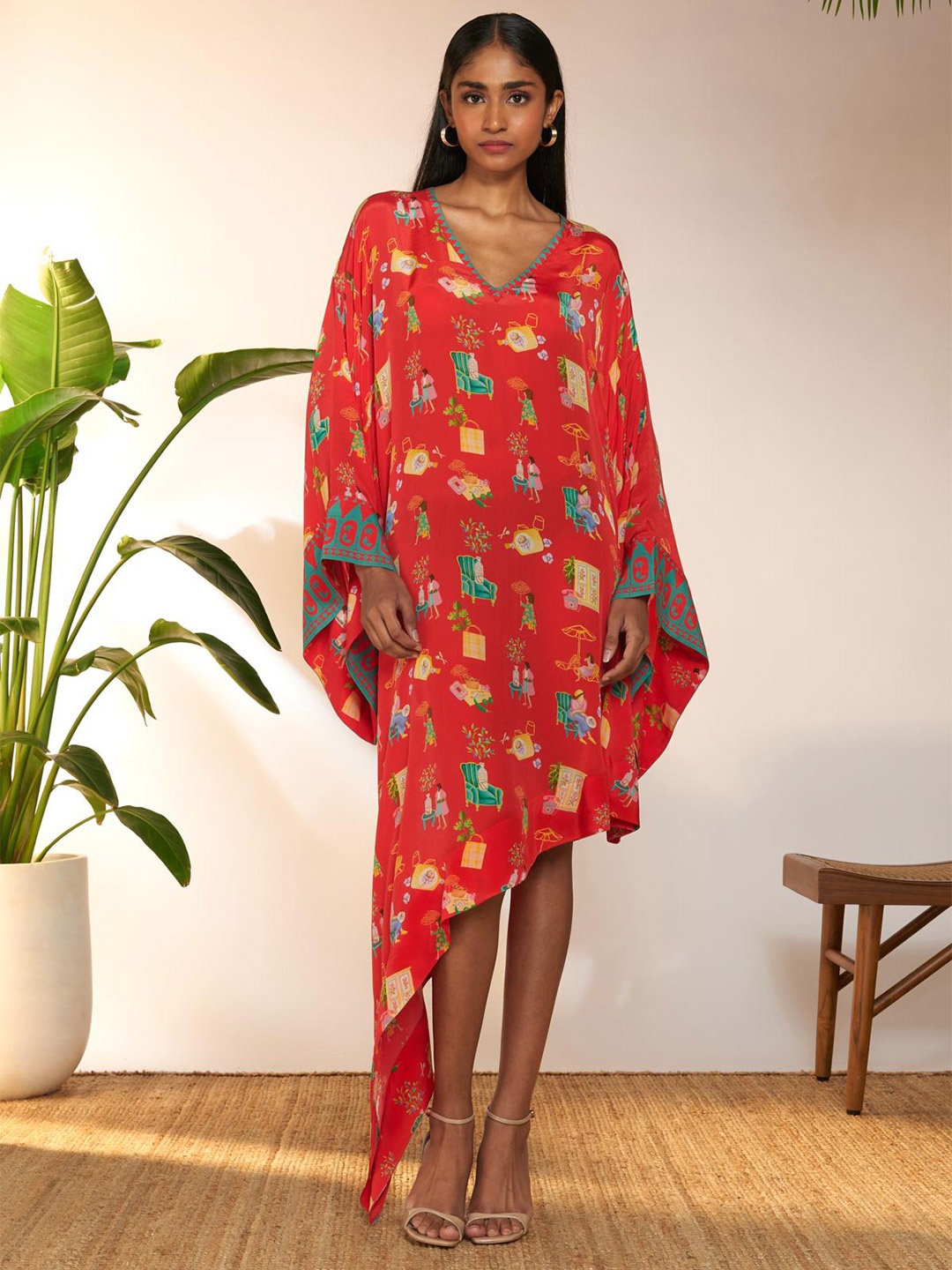 

Masaba Conversational Print Flared Sleeve Crepe A-Line Dress, Red