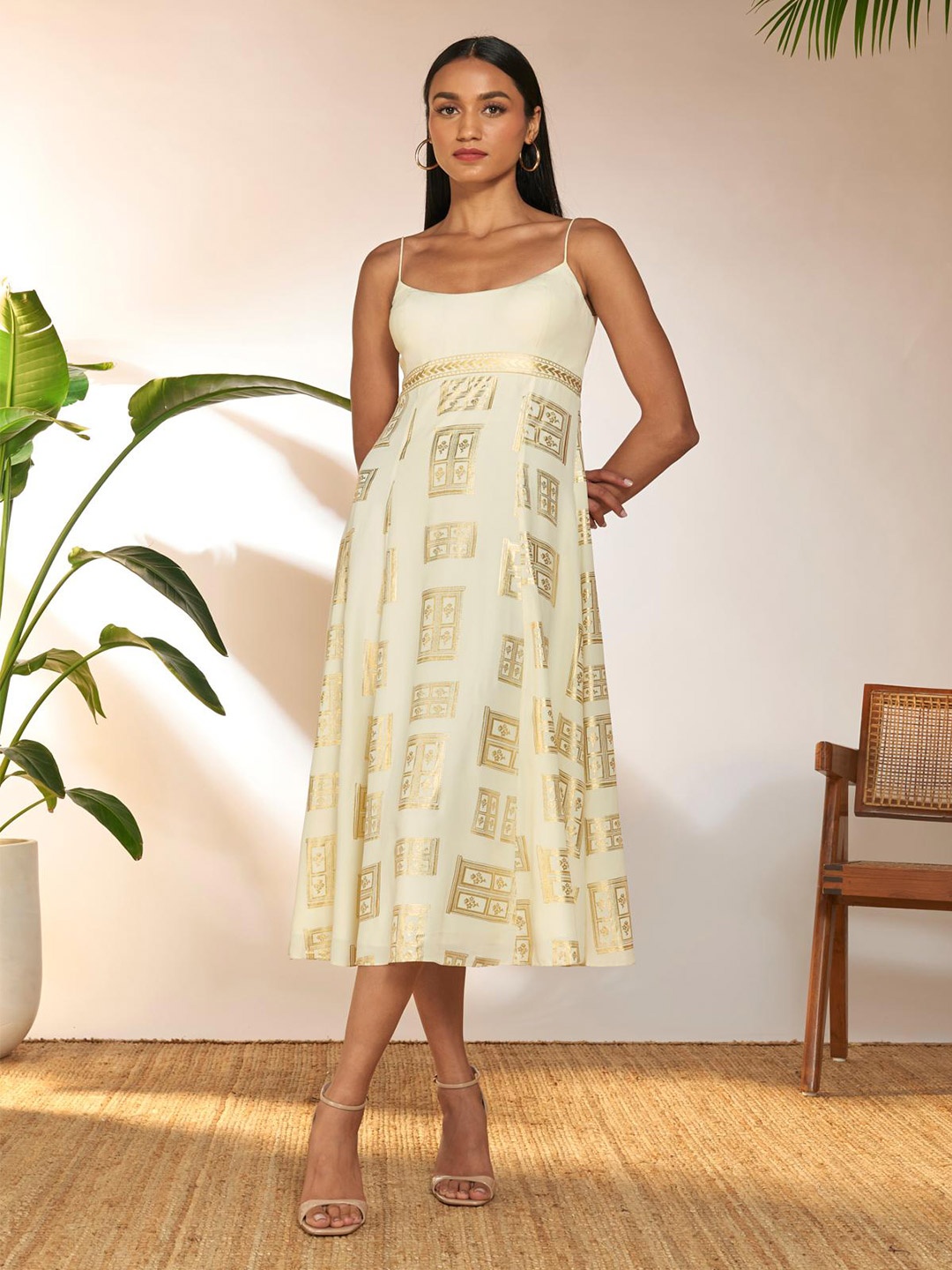 

Masaba Ethnic Motifs Printed Shoulder Straps Fir & Flare Midi Dress, White
