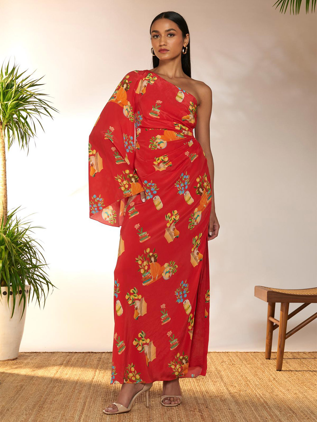 

Masaba Conversational Print Flared Sleeve Crepe A-Line Dress, Red