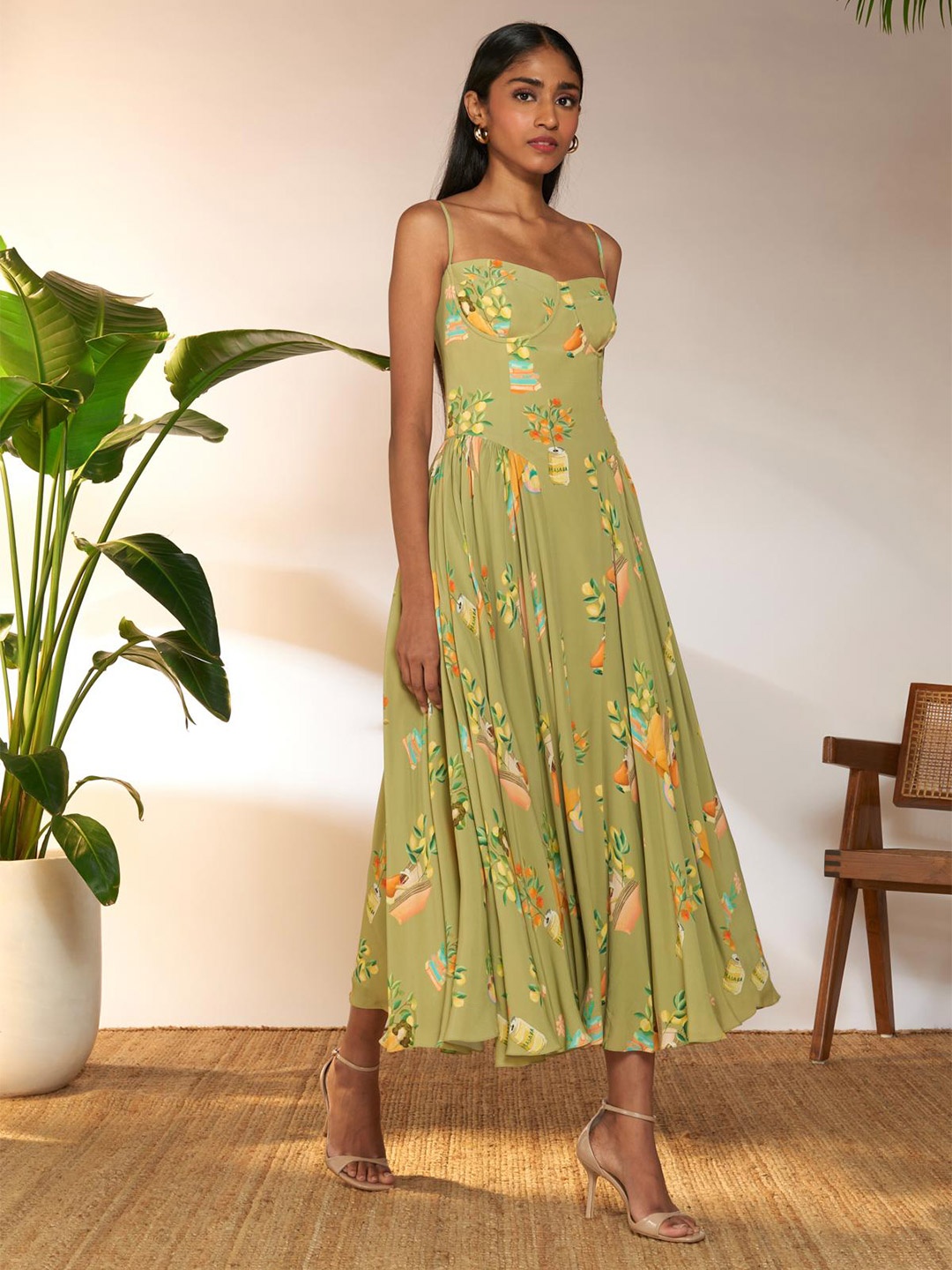 

Masaba Conversational Print Shoulder Straps Crepe Maxi Dress, Green