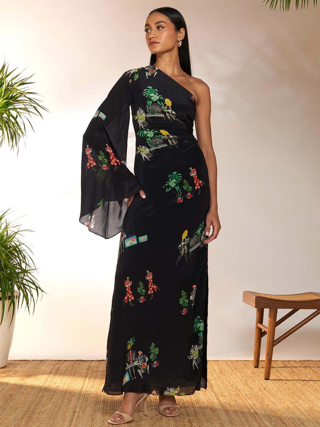 

Masaba Floral Printed One Shoulder Flared Sleeve Maxi Dress, Black