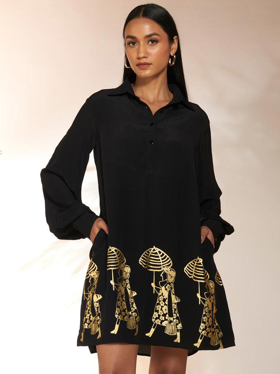 

Masaba Graphic Printed Cuffed Sleeves A-Line Dress, Black