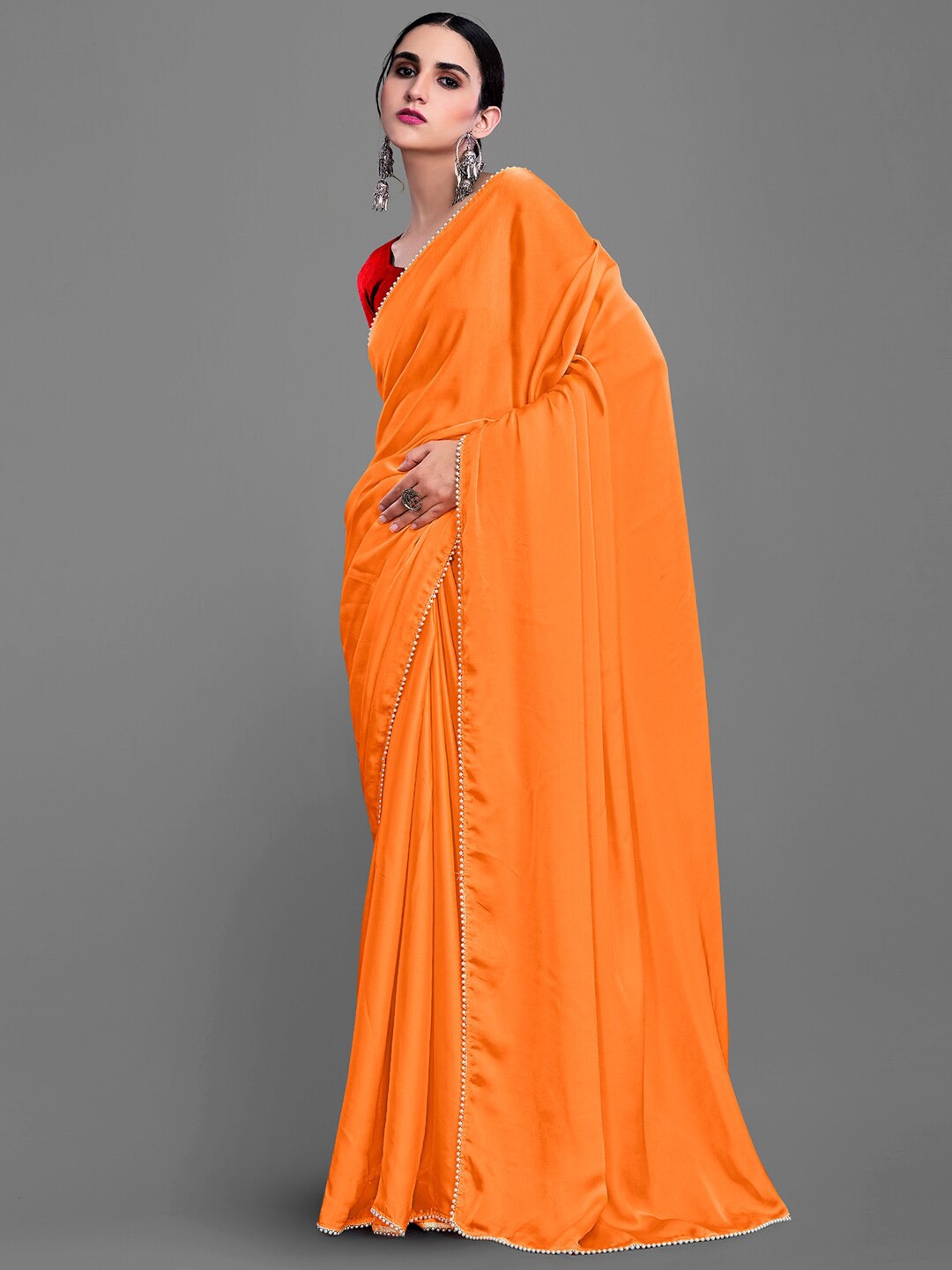 

Mitera Embellished Beads and Stones Satin Saree, Orange