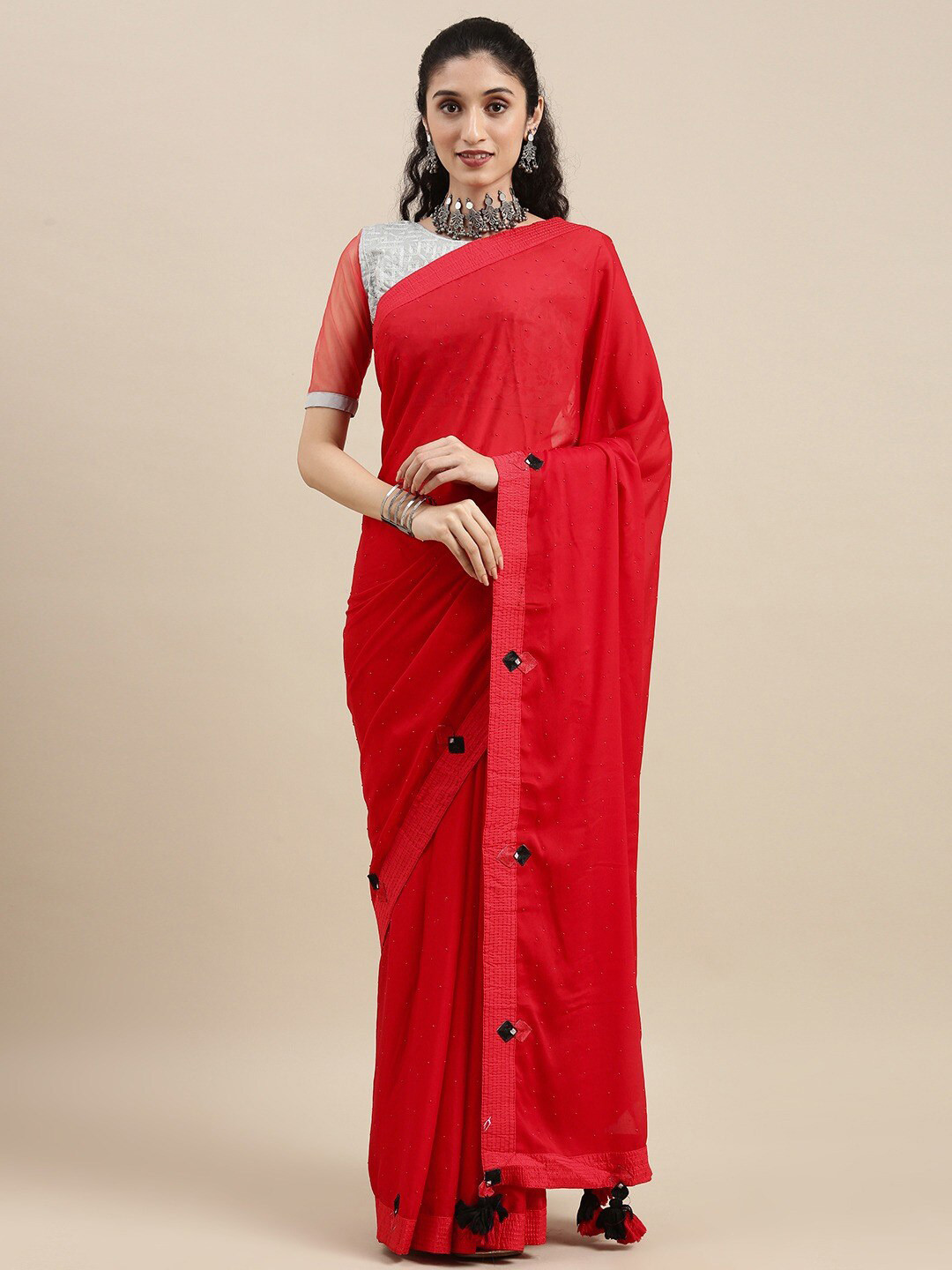 

Mitera Embellished Silk Cotton Beads and Stones Saree, Red