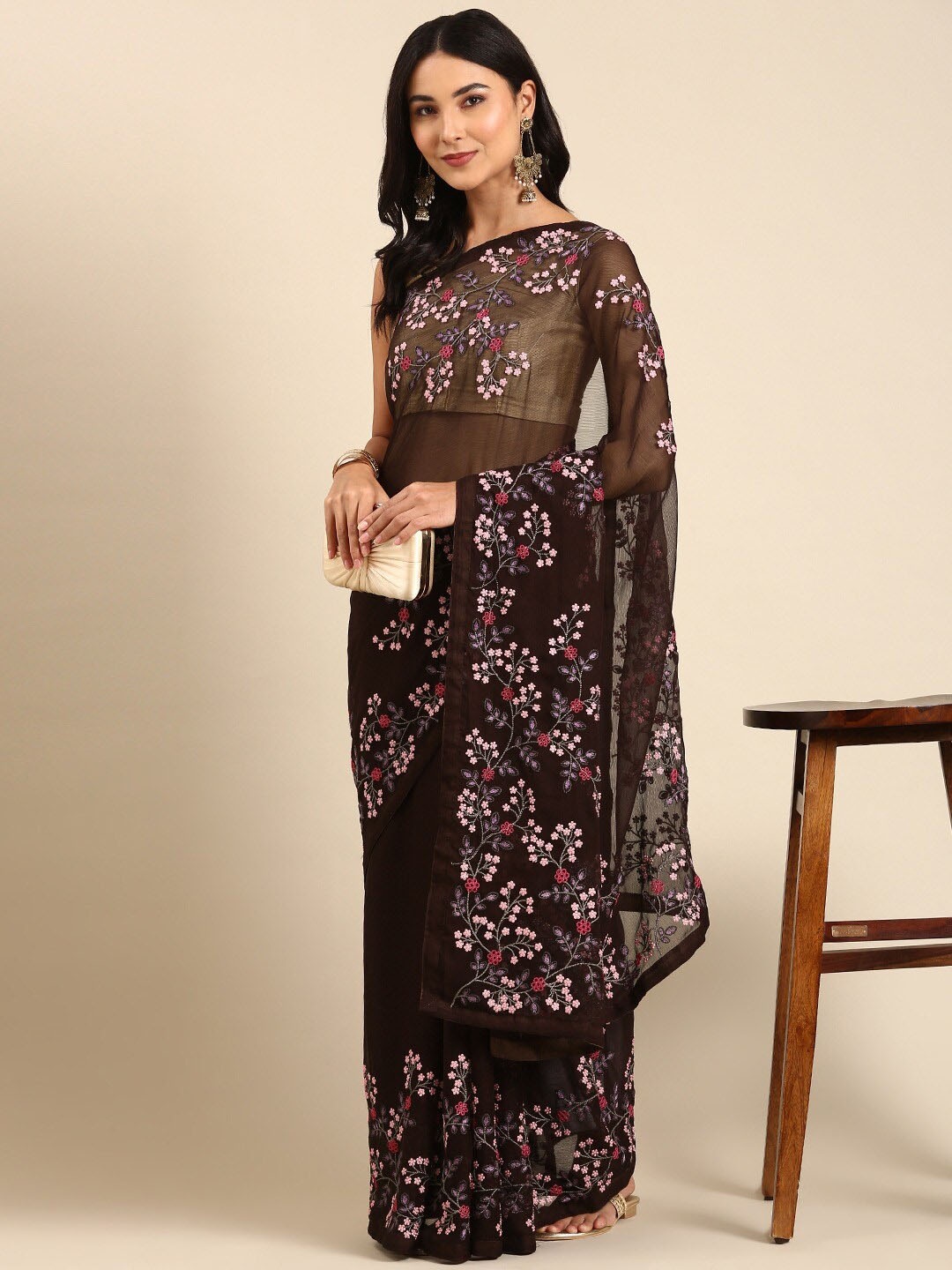 

Mitera Floral Embroidered Pure Chiffon Saree, Brown