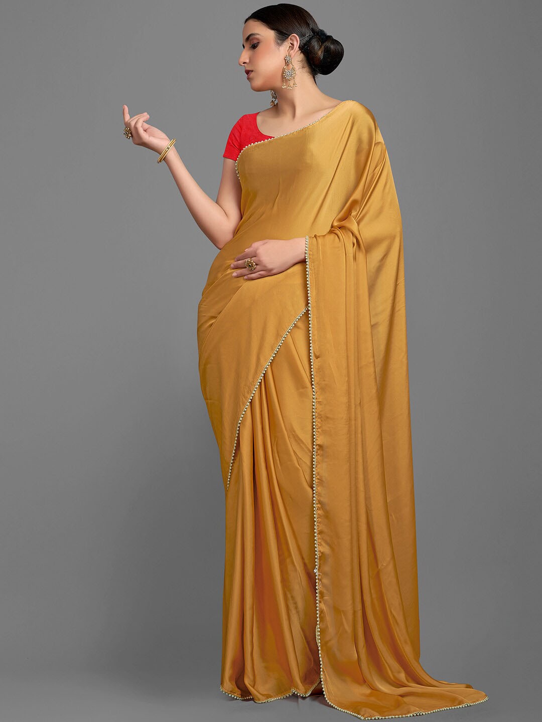 

Mitera Beads and Stones Satin Saree, Gold