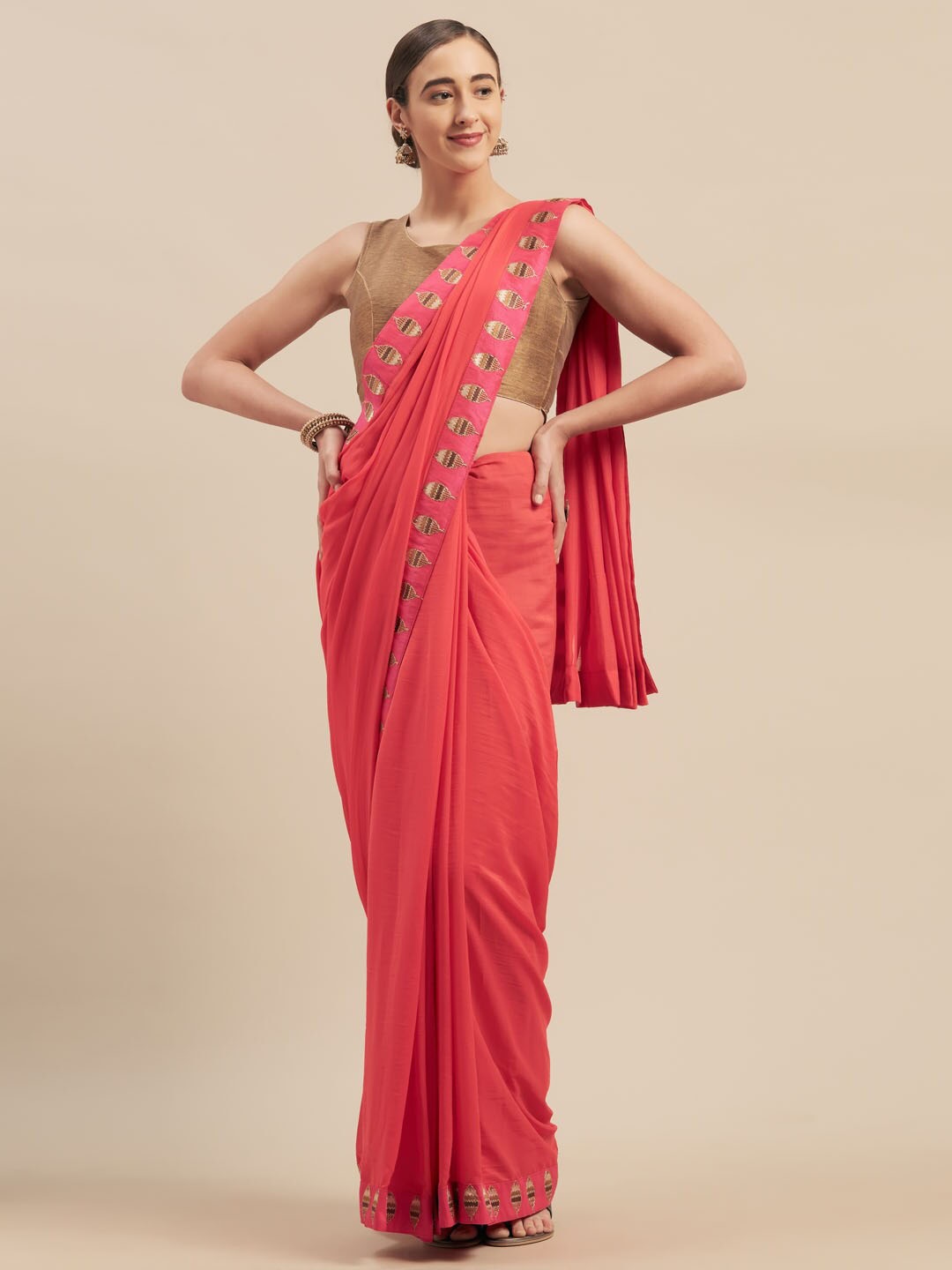 

Mitera Embroidered Border Saree, Pink