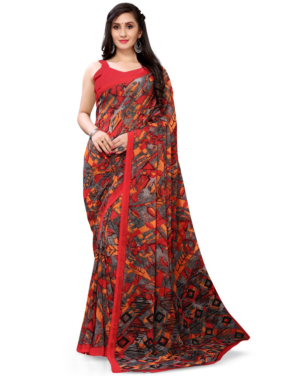 

Mitera Floral Printed Saree, Red