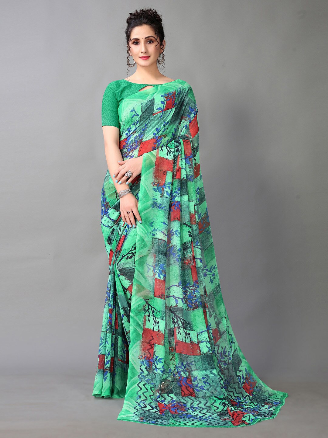 

Mitera Floral Printed Saree, Green