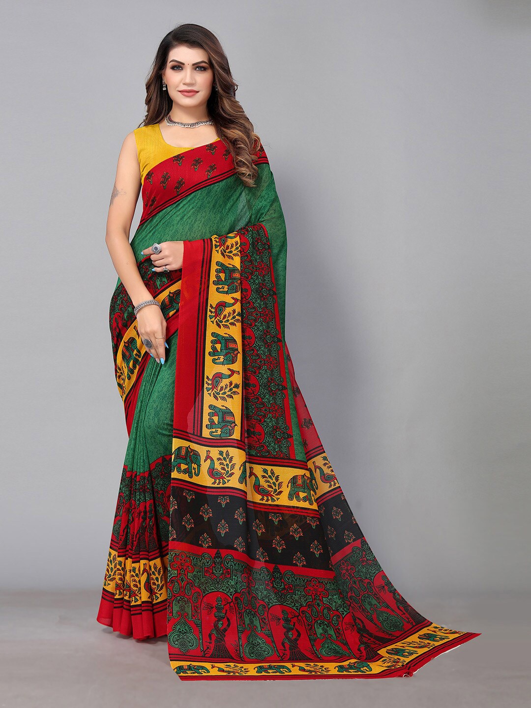 

Mitera Ethnic Motifs Printed Brasso Saree, Green