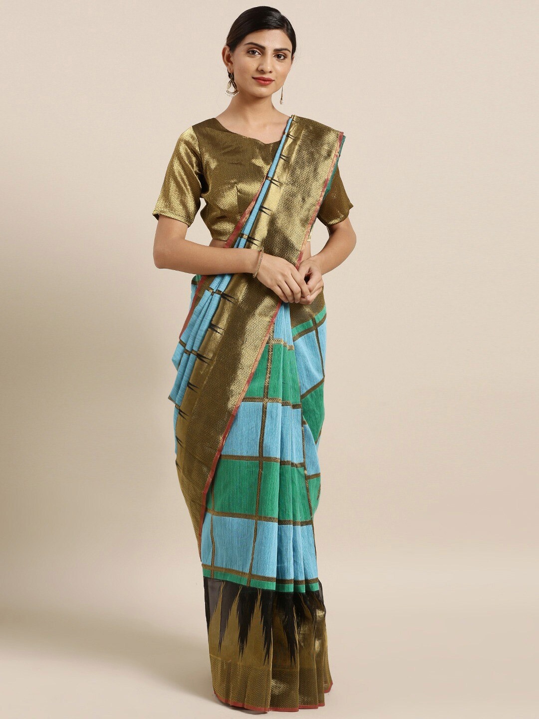 

Mitera Checked Printed Zari Saree, Blue