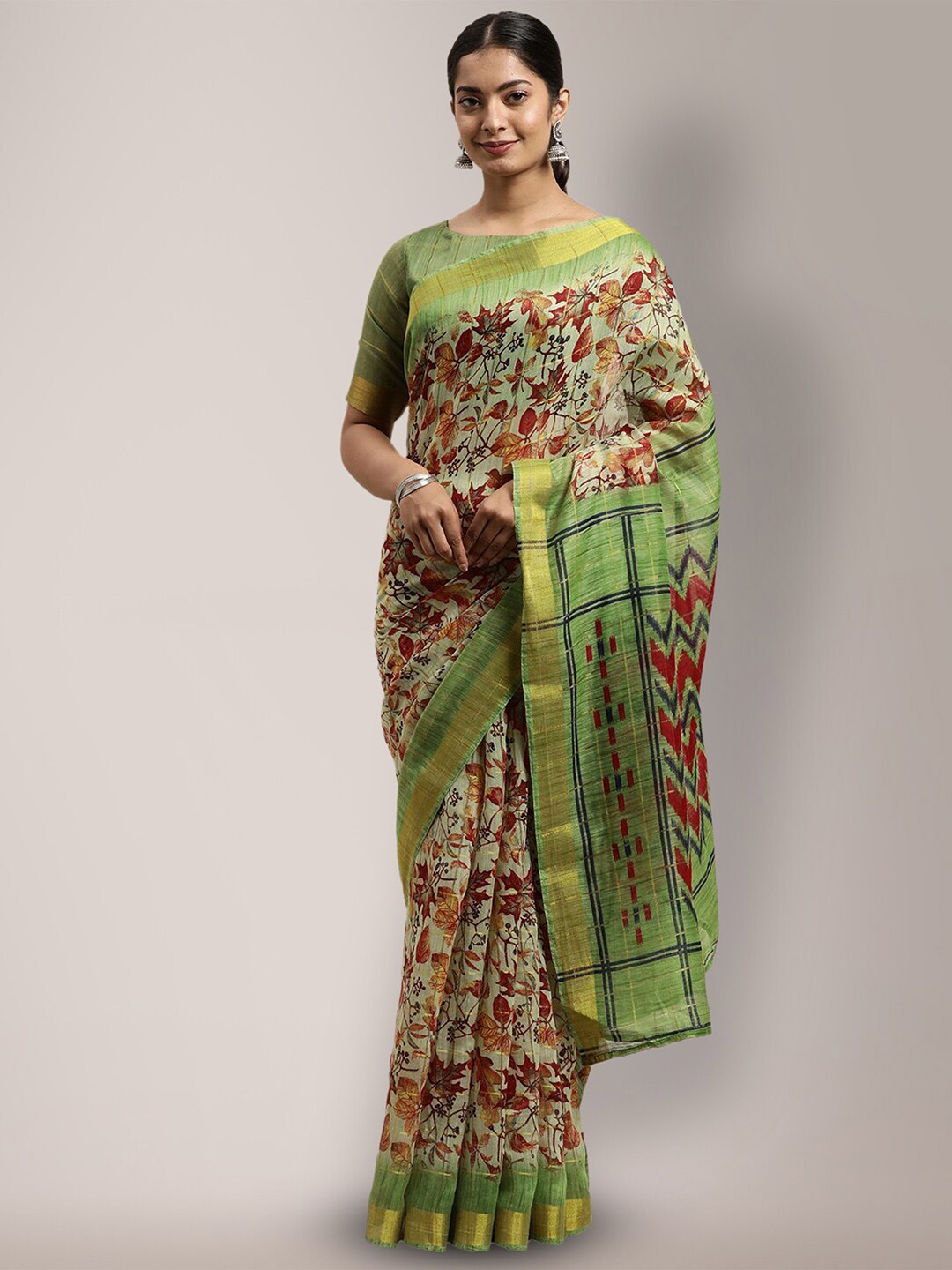 

Mitera Floral Printed Zari Saree, Cream
