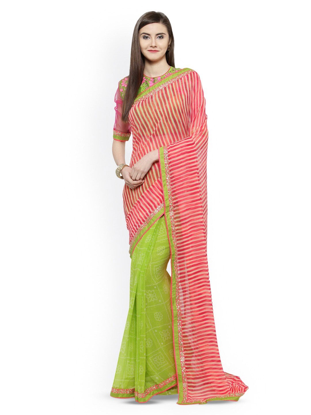 

Mitera Leheriya Printed Embroidered Saree, Green