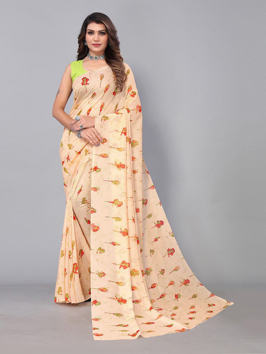 

Mitera Floral Printed Brasso Saree, Beige