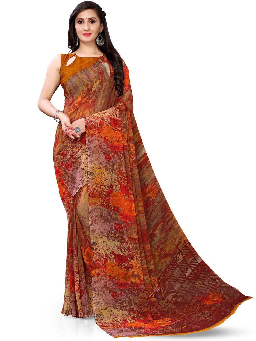

Mitera Floral Printed Saree, Red
