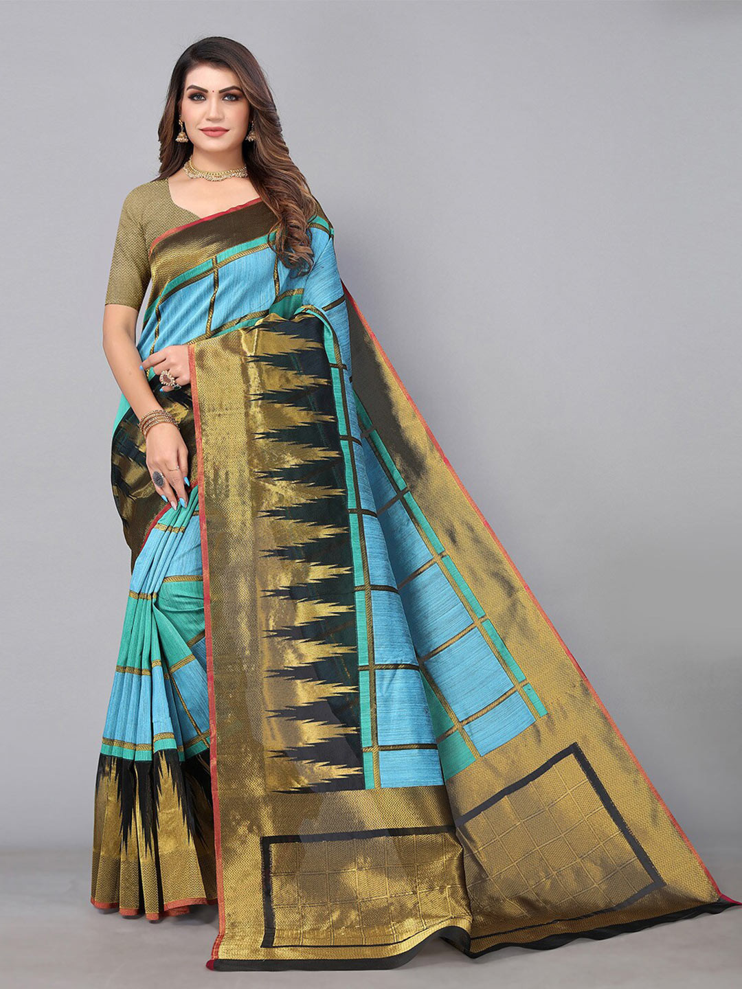 

Mitera Checked Woven Design Zari Saree, Blue