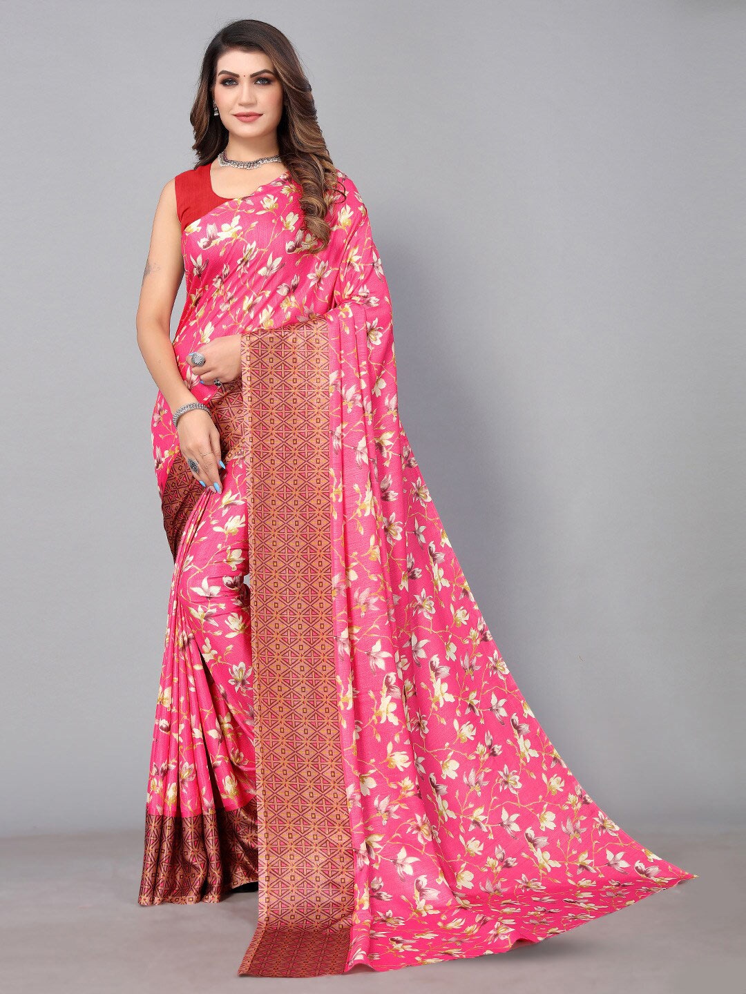 

Mitera Floral Printed Art Silk Saree, Pink