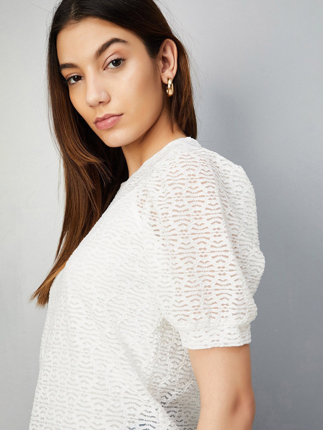

max Self Design Round Neck Puff Sleeves Top, White