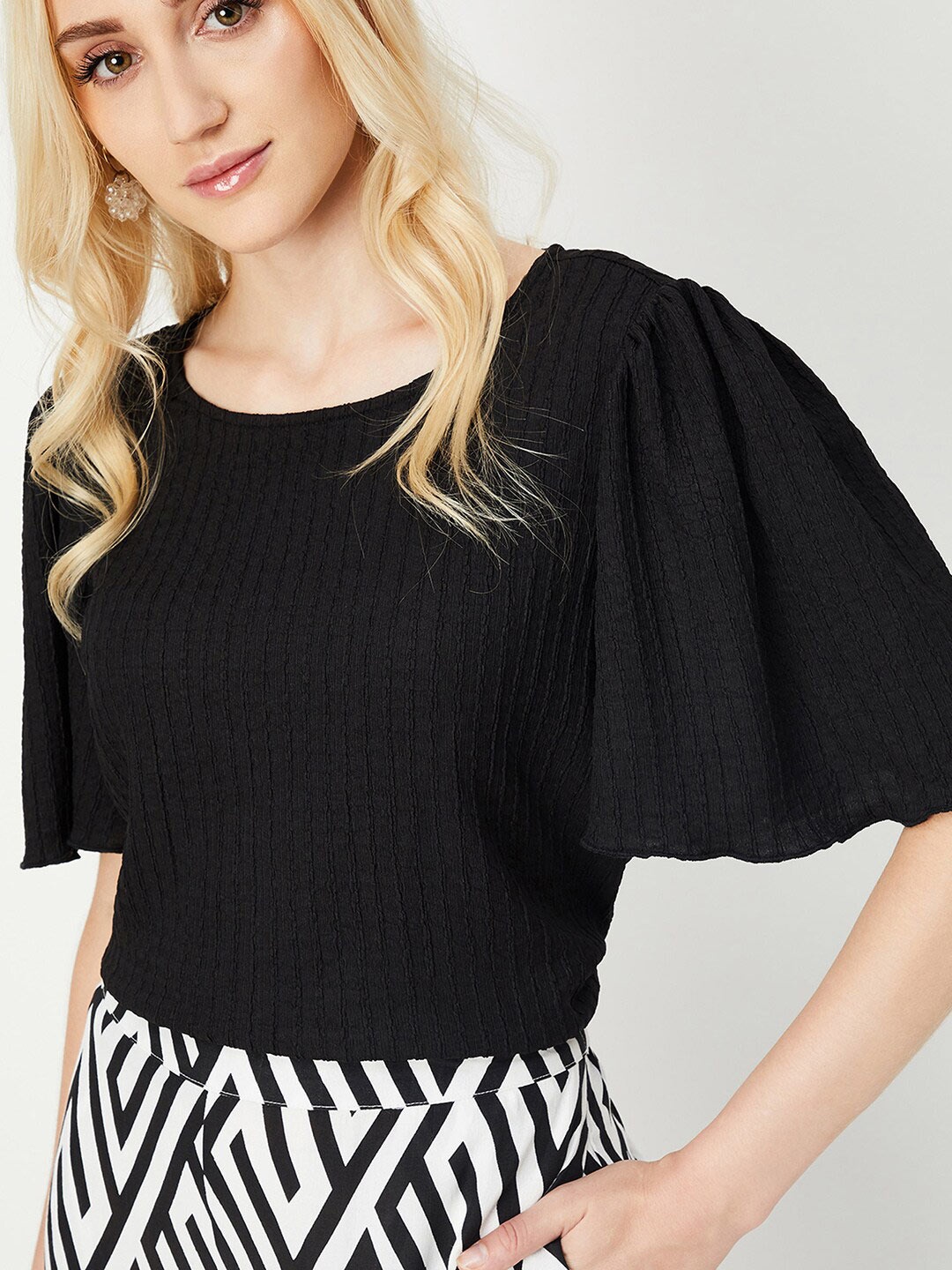 

max Self Design Round Neck Flutter Sleeves Top, Black
