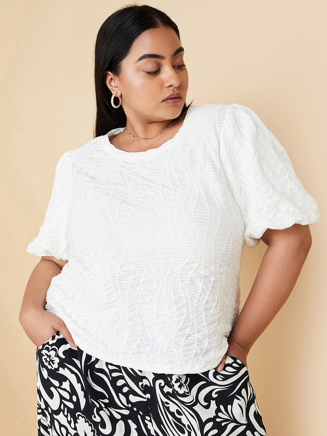 

max Plus Size Self Design Puff Sleeves Top, White