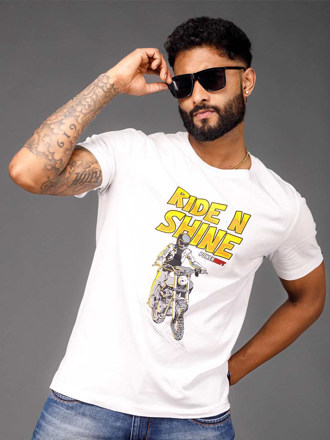 

WANDERLOOMS Printed Round Neck Short Sleeves Cotton T-shirt, White