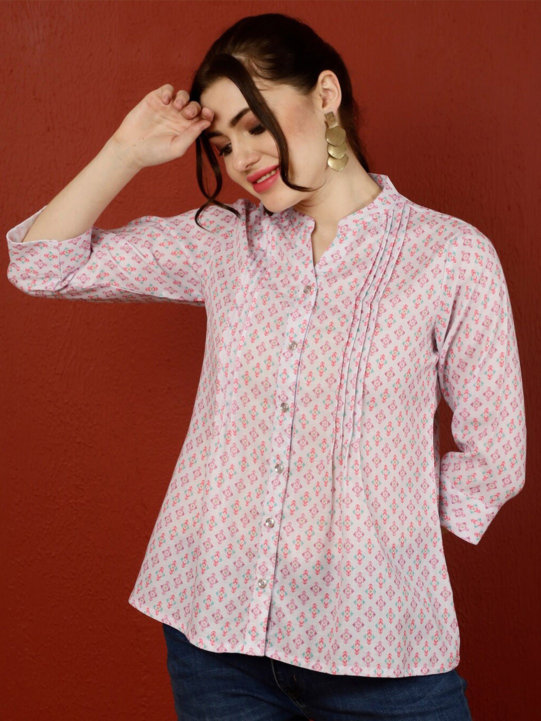 

Jaipur Kurti Ethnic Motifs Print Mandarin Collar Shirt Style Top, Grey