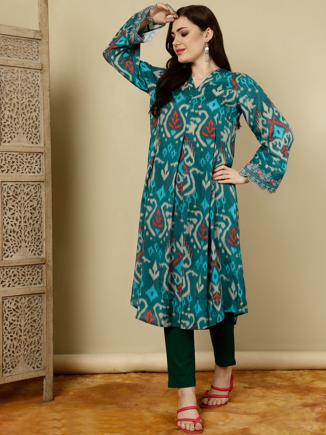 

Jaipur Kurti Ikat Printed Muslin A-line Kurta, Teal