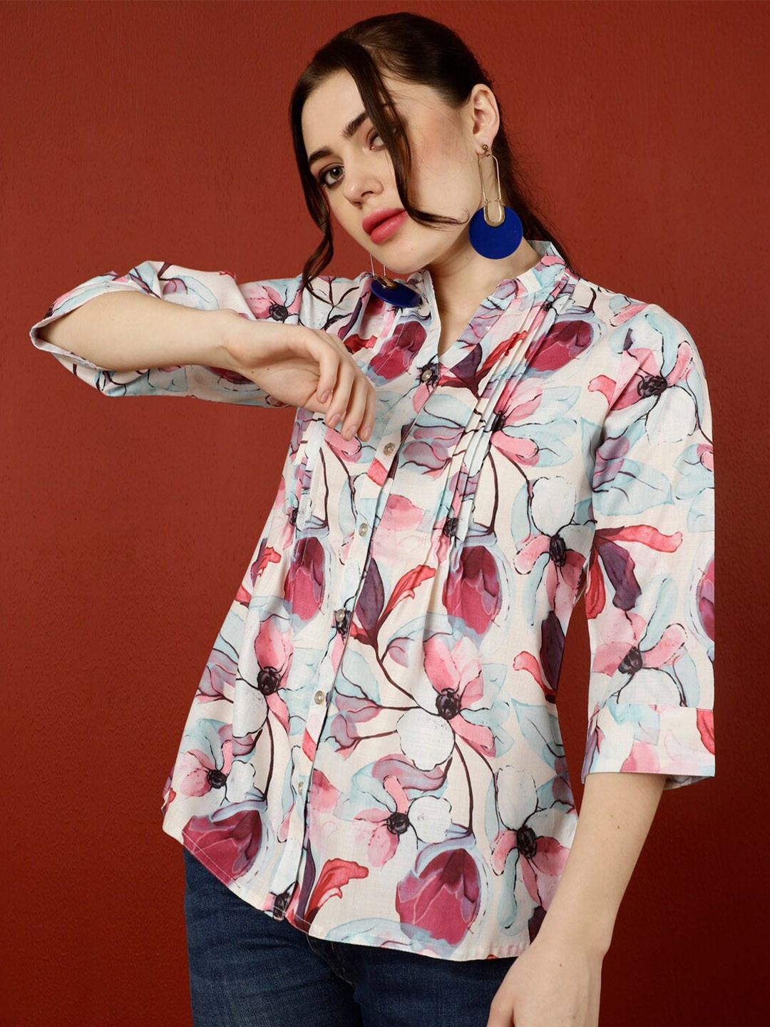 

Jaipur Kurti Floral Print Mandarin Collar Shirt Style Top, Magenta