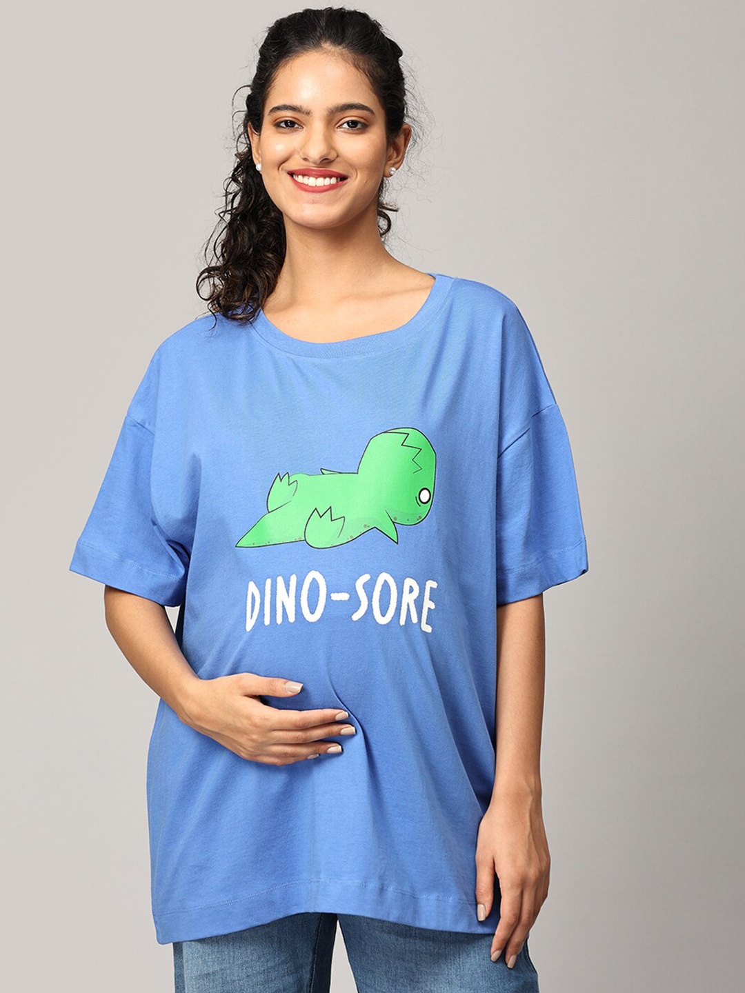 

The Mom Store Graphic Printed Pure Cotton Oversized Maternity T-shirt, Blue