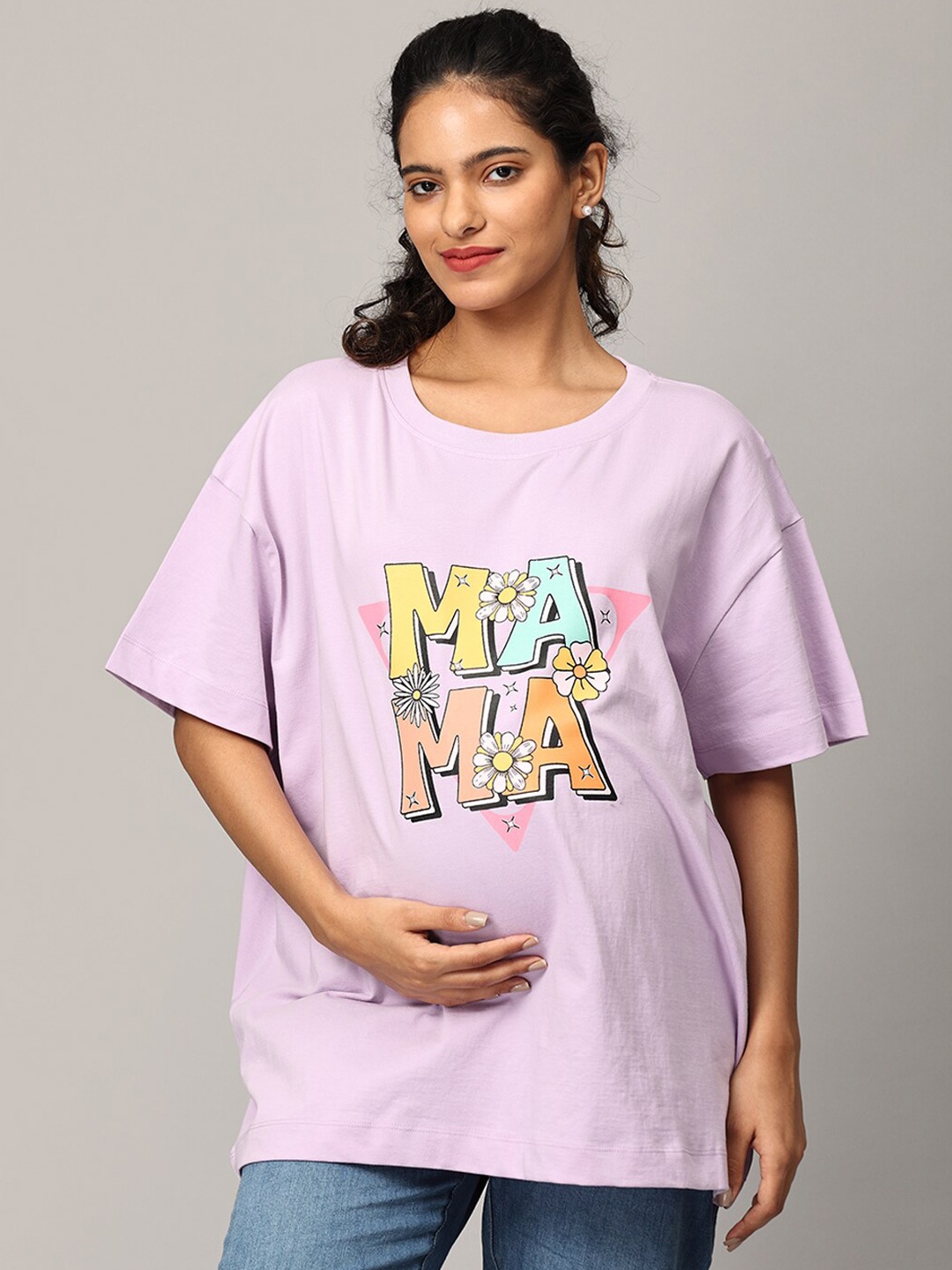 

The Mom Store Typography Printed Pure Cotton Oversized Maternity T-shirt, Lavender