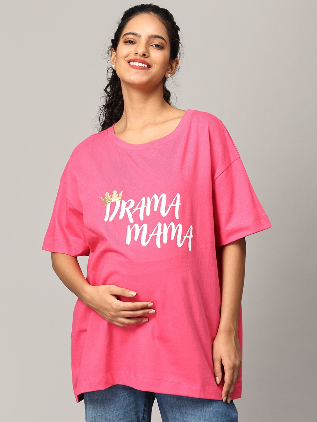 

The Mom Store Typography Printed Drop-Shoulder Sleeves Oversized Maternity Cotton T shirt, Pink