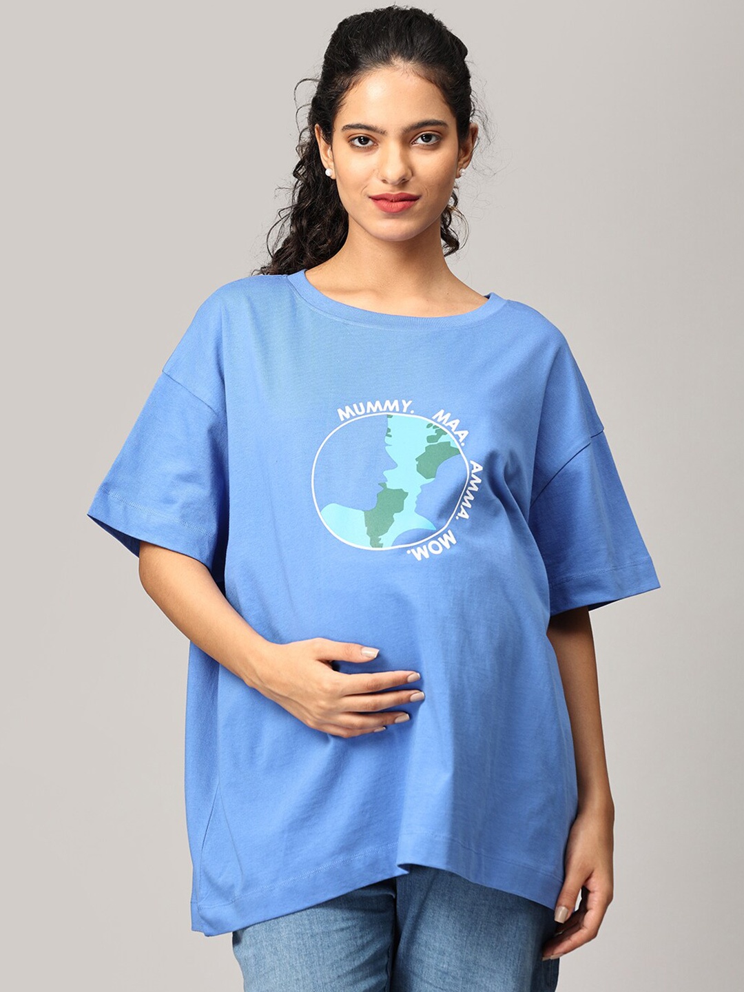 

The Mom Store Graphic Printed Pure Cotton Oversized Maternity T-shirt, Blue