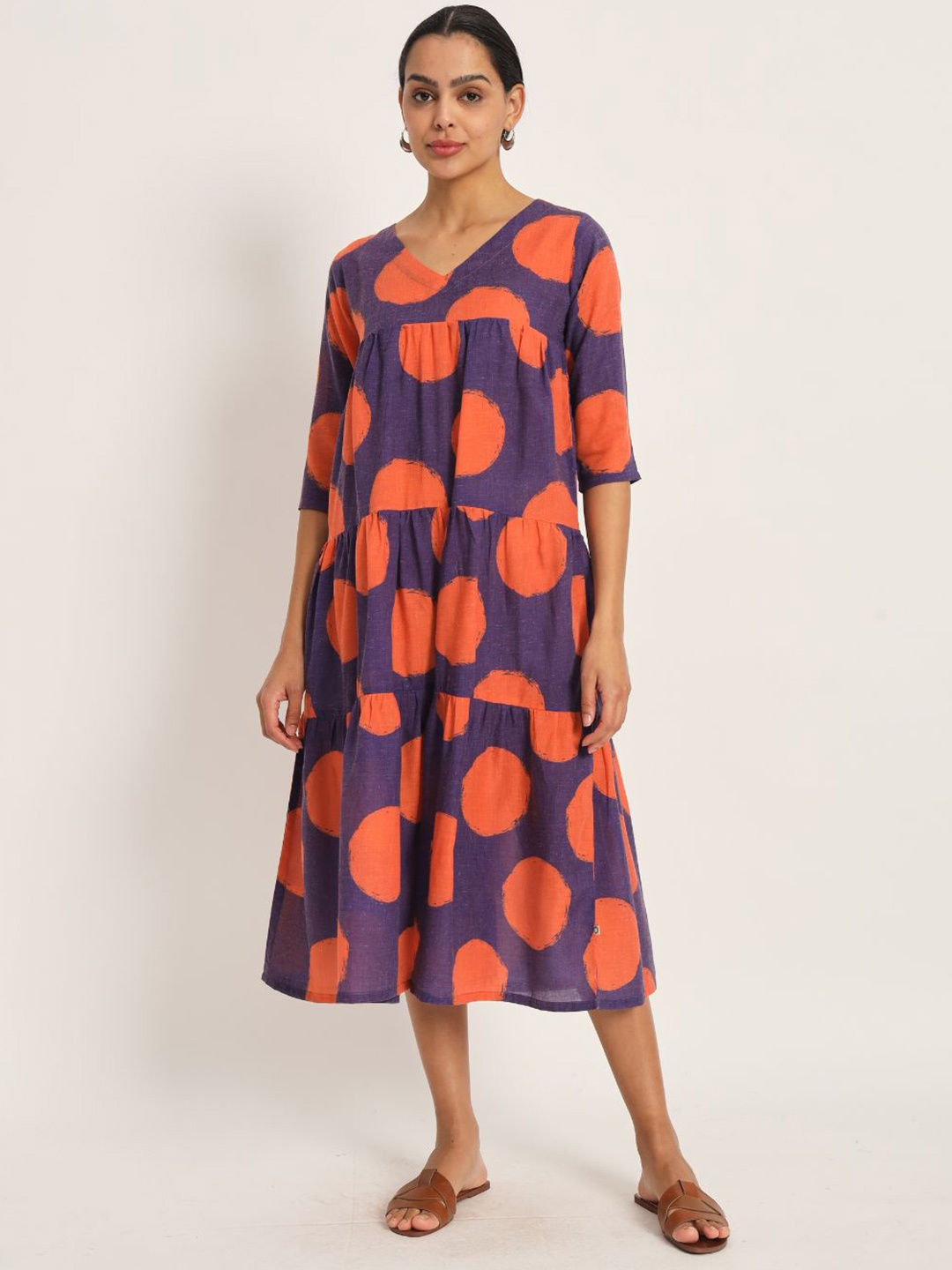 

FABNEST Geometric Printed Tiered Cotton A-Line Midi Dress, Purple