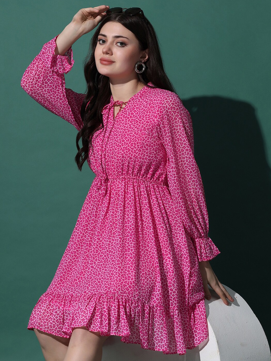 

FASHION DREAM Animal Printed Tie-Up Neck Georgette Fit & Flare Mini Dress, Pink