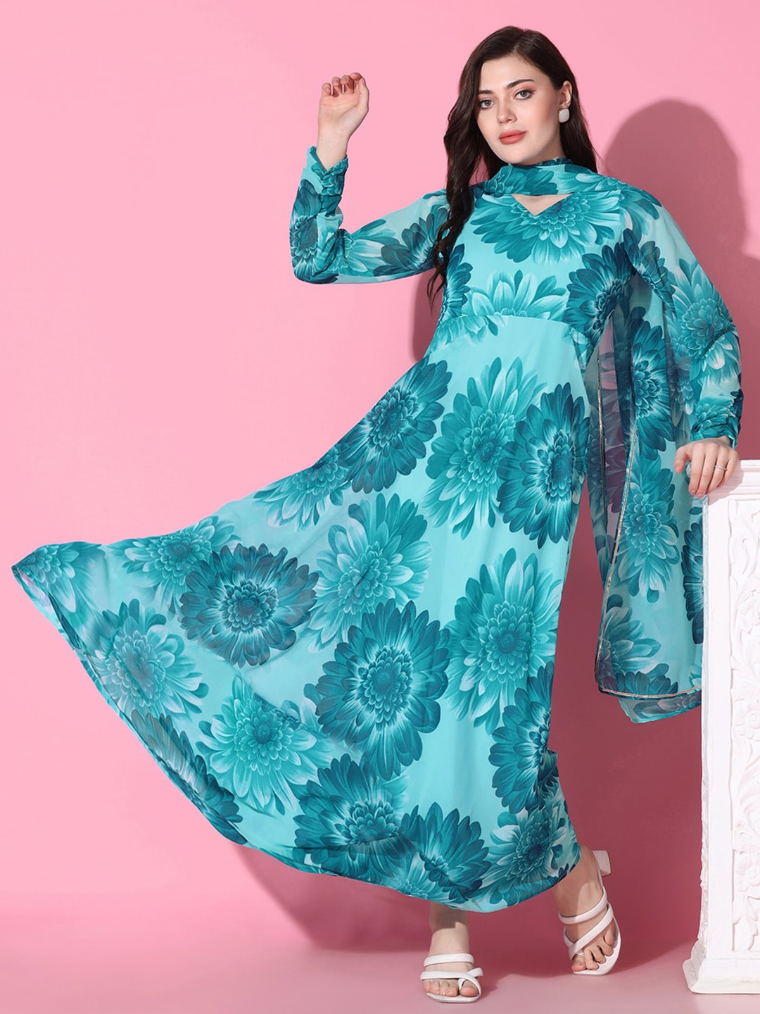 FASHION DREAM Floral Printed Georgette Maxi Dress With Dupatta, Blue