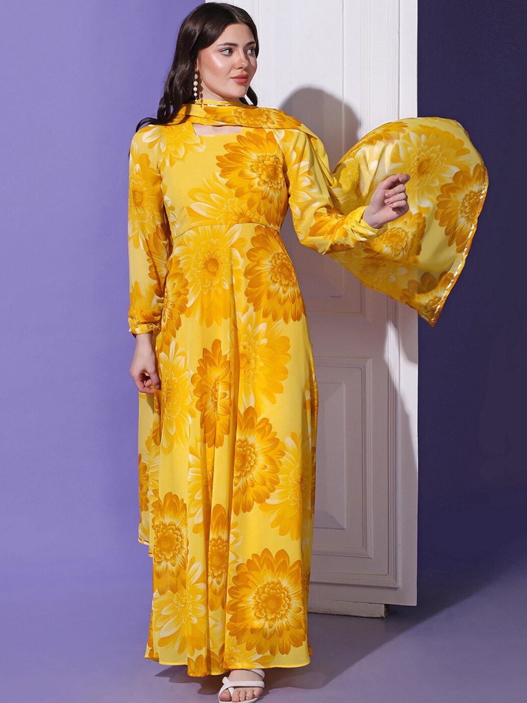 FASHION DREAM Floral Printed Georgette Maxi Dress With Dupatta, Yellow