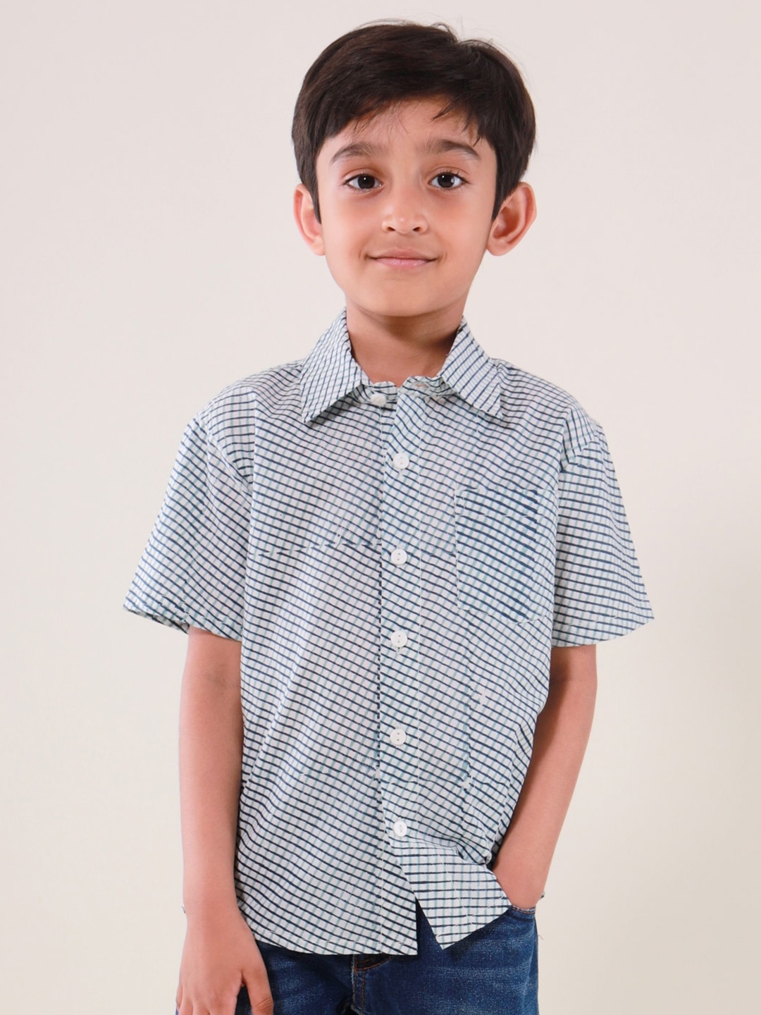

My Little Lambs Boys Classic Printed Spread Collar Short Sleeves Cotton Casual Shirt, Blue