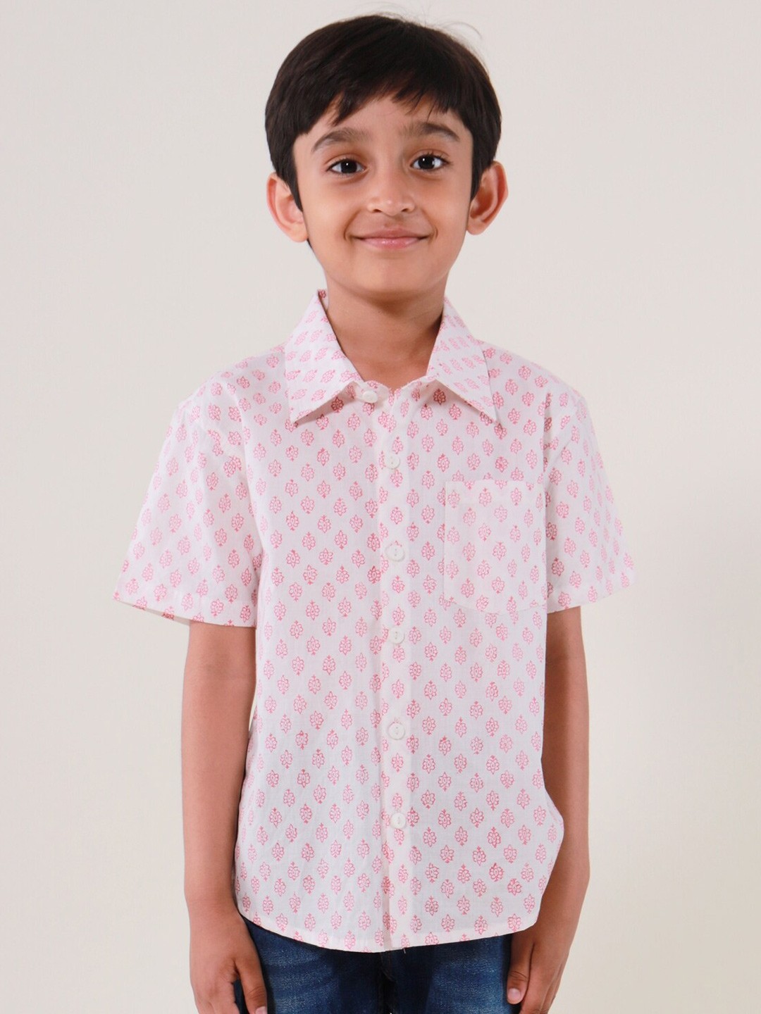 

My Little Lambs Boys Classic Printed Spread Collar Short Sleeves Cotton Casual Shirt, Red