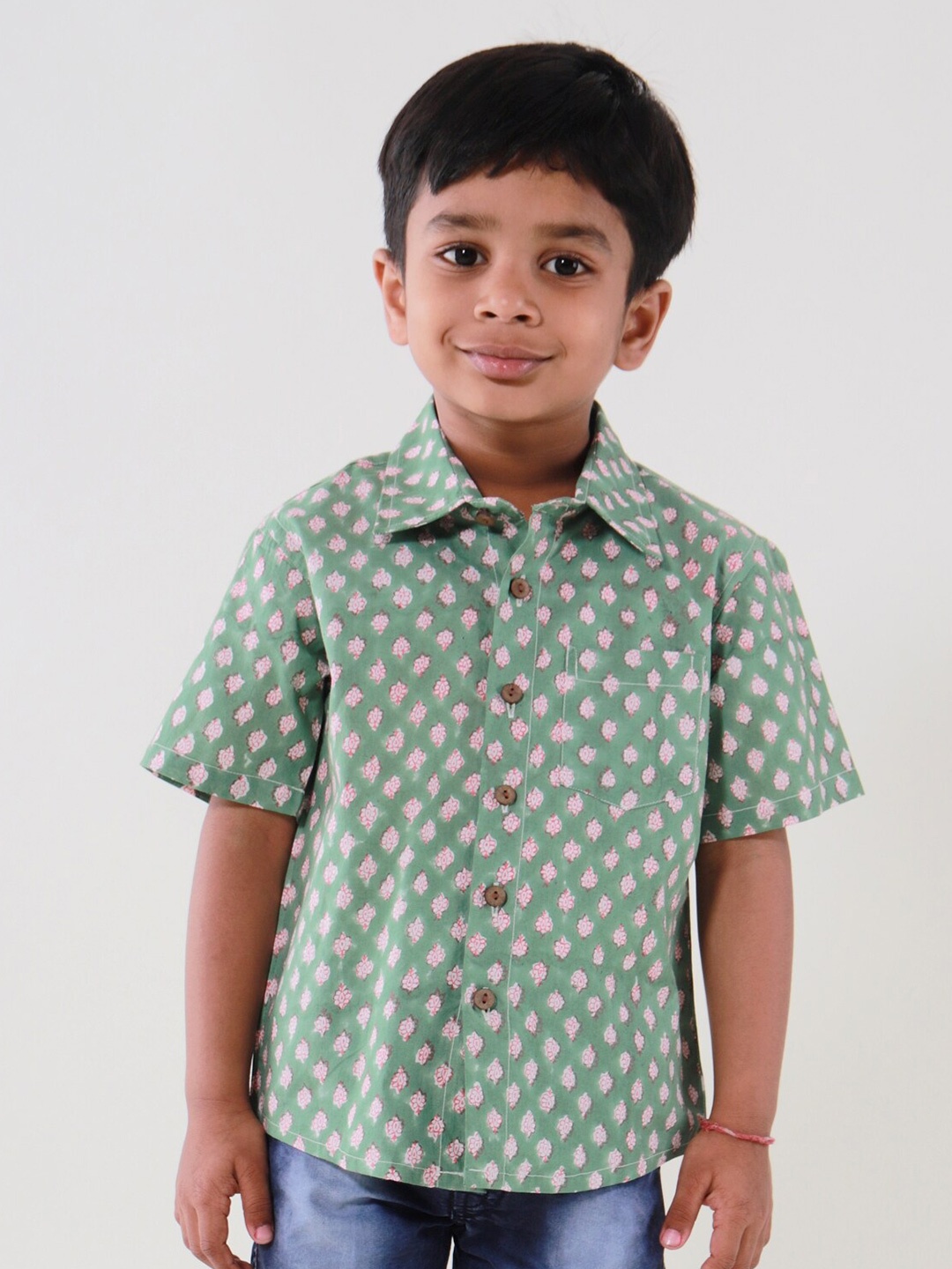 

My Little Lambs Boys Classic Printed Spread Collar Short Sleeves Cotton Casual Shirt, Green