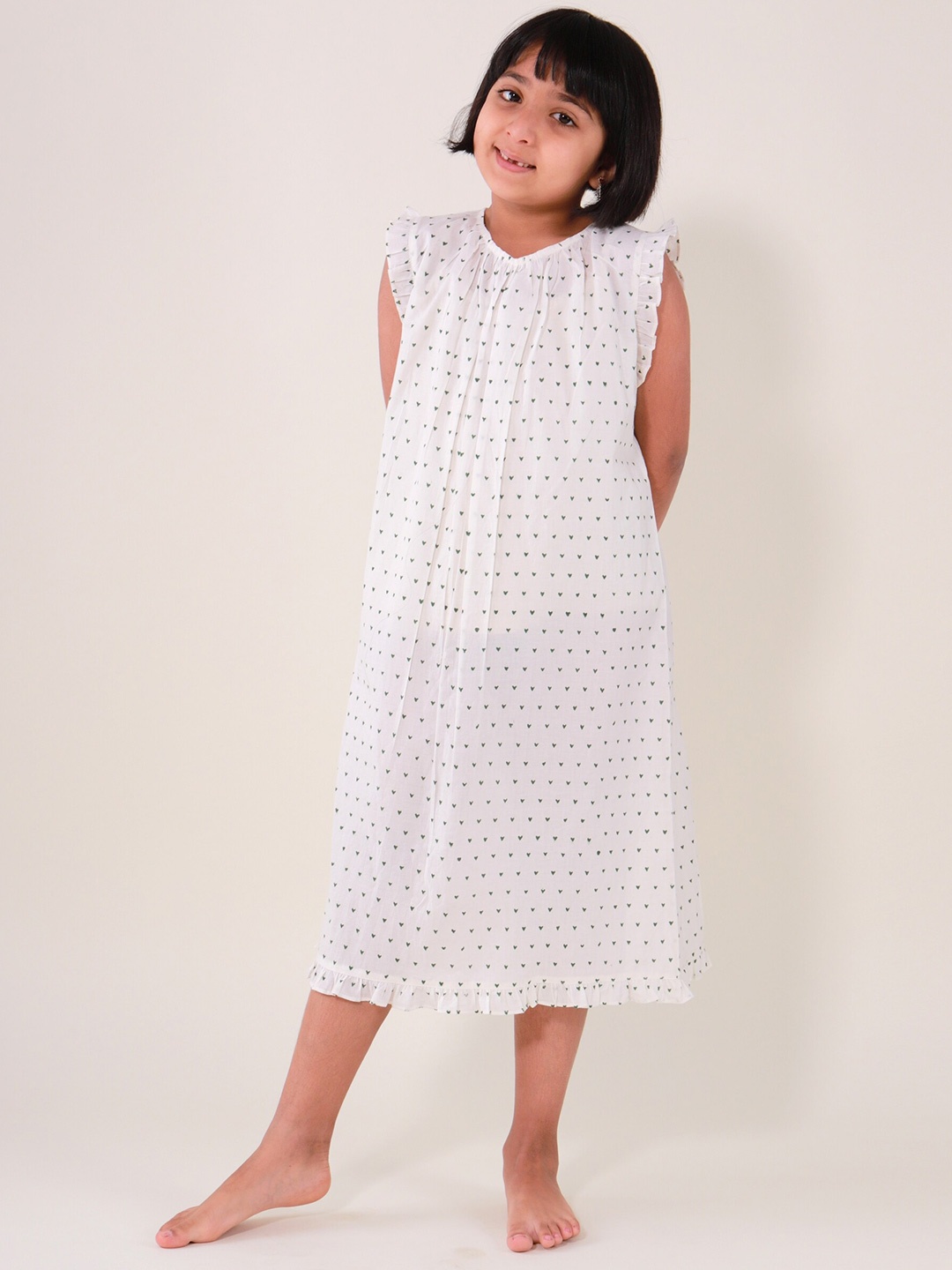 

My Little Lambs Girls Geometric Printed Pure Cotton Nightdress, Green