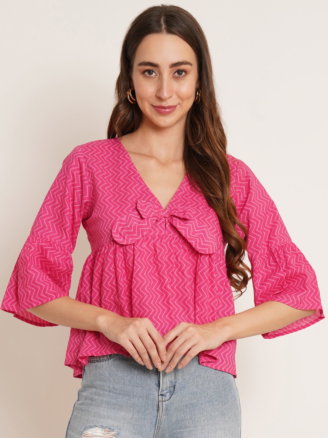 

KALINI Geometric Print Bell Sleeve Cotton Peplum Top, Pink