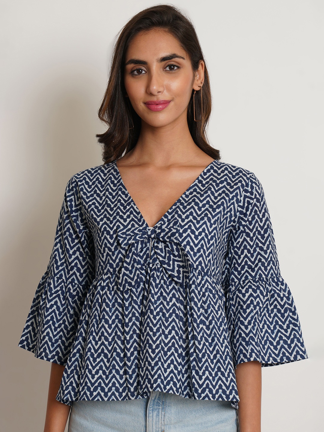

KALINI Geometric Print Bell Sleeve Pure Cotton Peplum Top, Blue