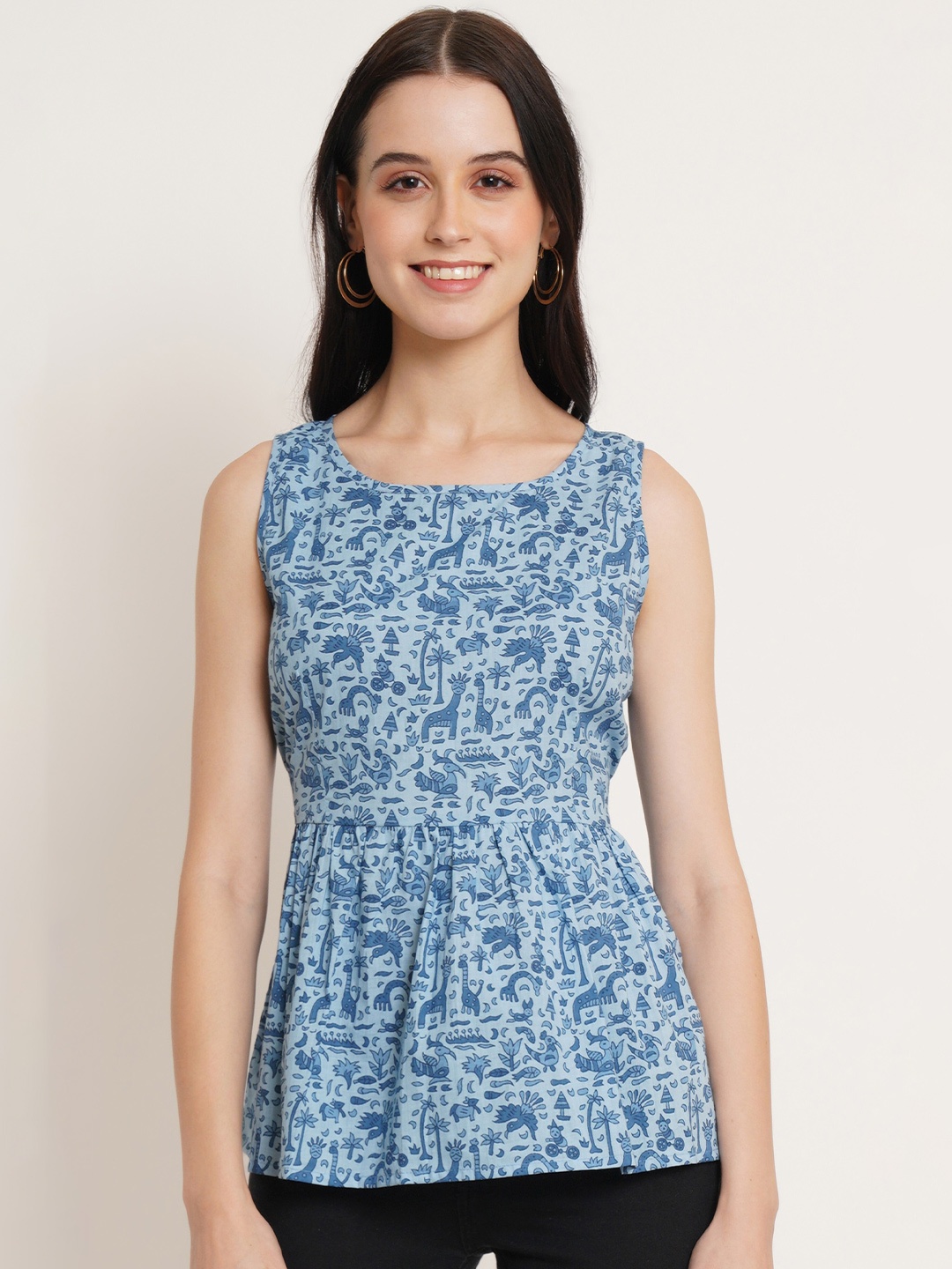 

KALINI Floral Print Pure Cotton Peplum Top, Blue