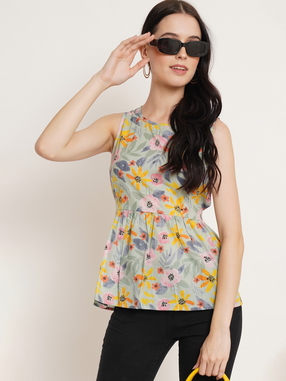 

KALINI Floral Printed Pure Cotton Peplum Top, Green