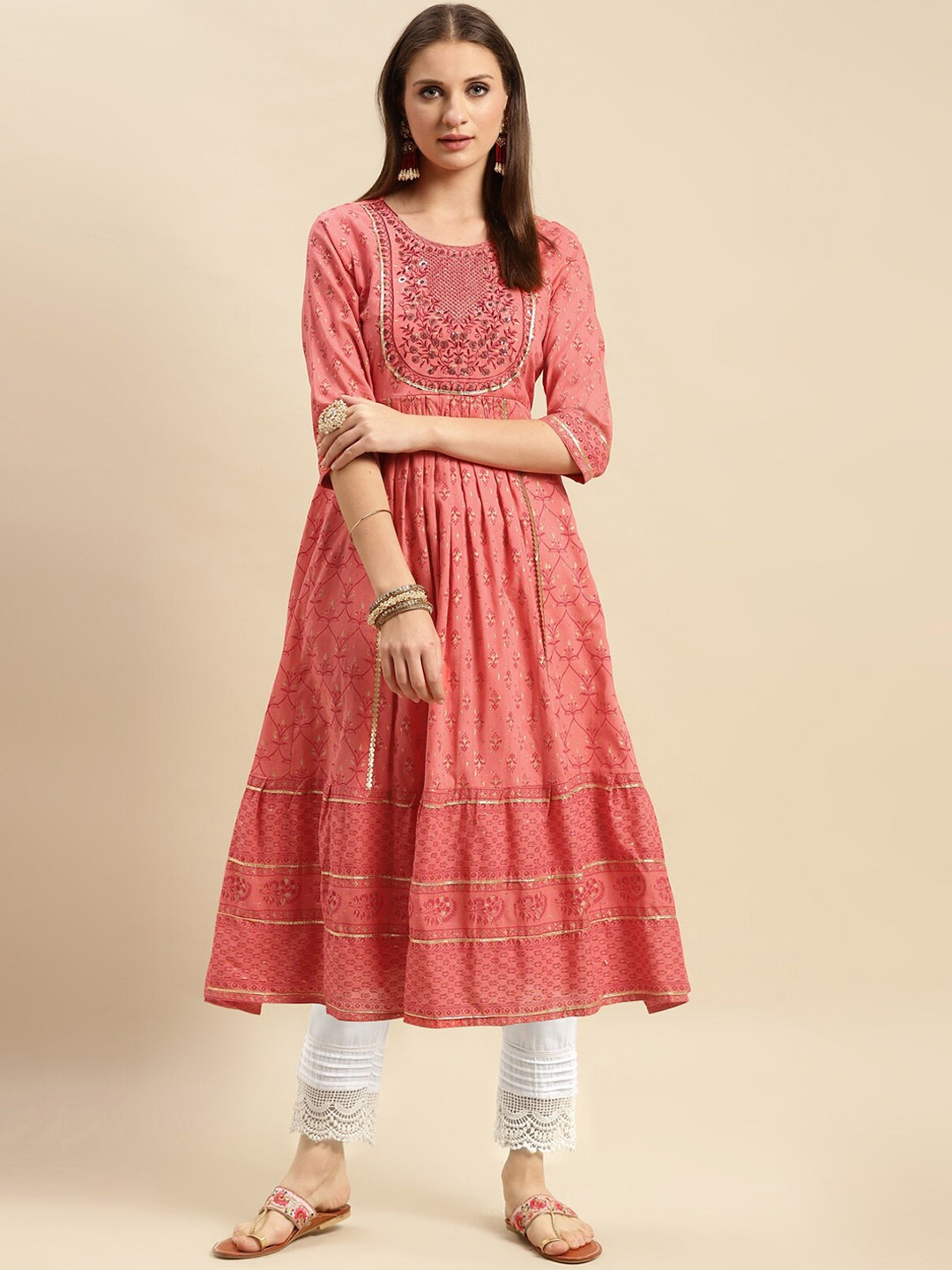 

Rangita Floral Printed Sequinned Pure Cotton Kurta with Trousers, Coral