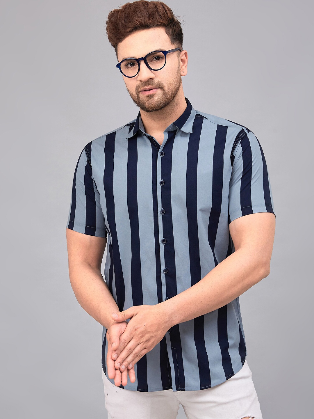 LOUIS MONARCH Comfort Vertical Stripes Slim Fit Cotton Casual Shirt, Blue