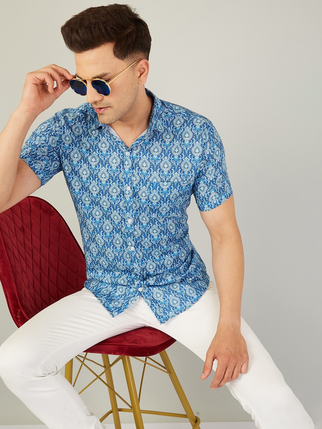 

LOUIS MONARCH Comfort Ethnic Motifs Printed Slim Fit Cotton Casual Shirt, Blue
