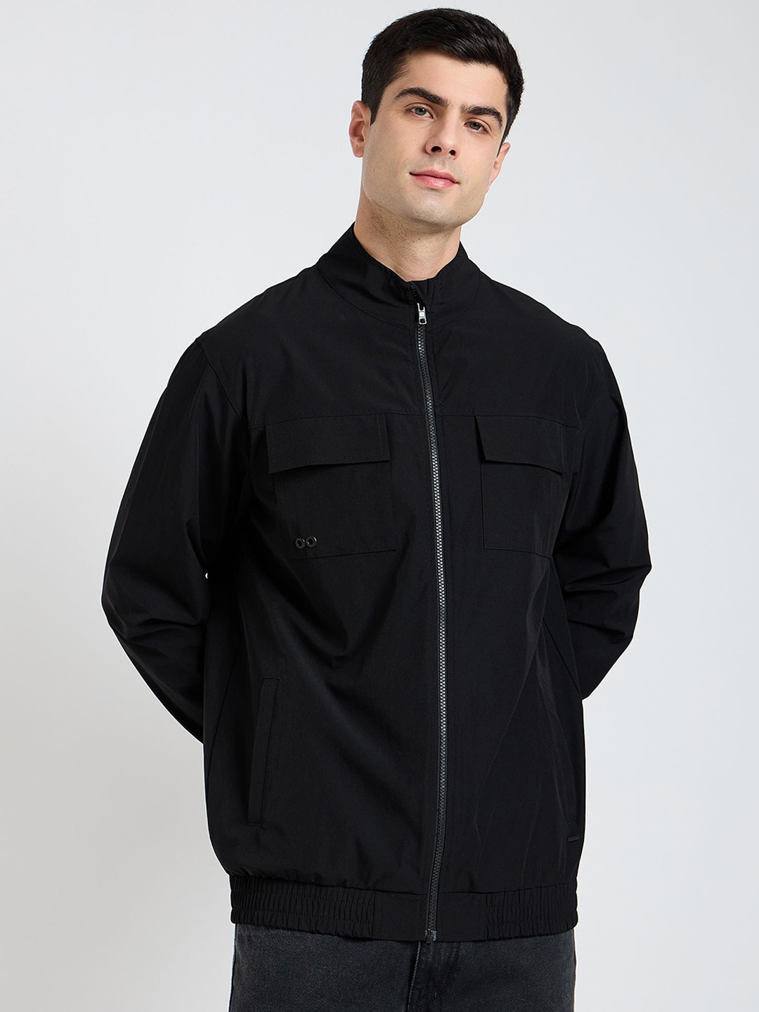 

EDRIO Stand Collar Cotton Bomber Jacket, Black